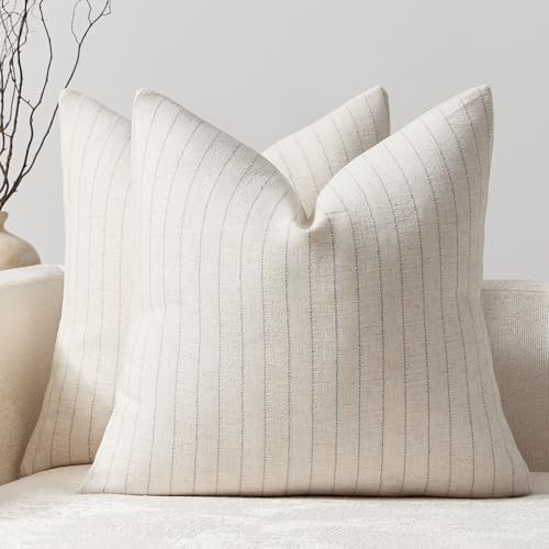 DEZENE Pack of 2 Linen Striped Throw Pillow Covers 20x20 Neutral Couch Pillow Cases Farmhouse Decorative Square Accents for Living Room Sofa Bedroom, Grey | Amazon (US)