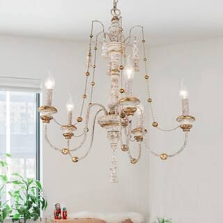 LNC Vintage Weathered Wood Empire Chandelier, Classic 5-Light French Country Gold Beads Hanging L... | The Home Depot