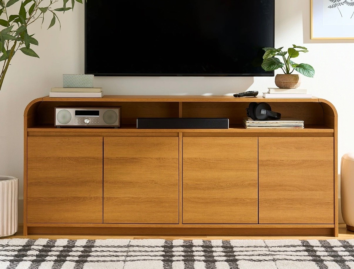 Walmart Better Homes & Gardens Juliet Curved TV Stand for TVs up to 75", Light Honey Finish, home, furniture, storage, living room