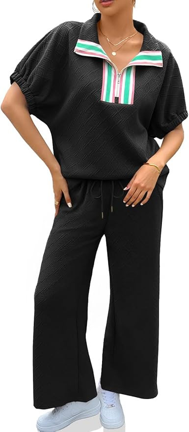 Cicy Bell Womens 2 Piece Outfits Textured Color Block Half Zipper Puff Short Sleeve Tops Cropped ... | Amazon (US)