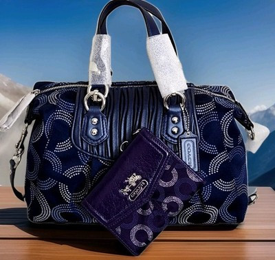 🌞COACH ASHLEY DOTTED OP ART LOGO NAVY BLUE SATCHEL BAG &/OR PURPLE WALLET🌺NWT! | eBay US