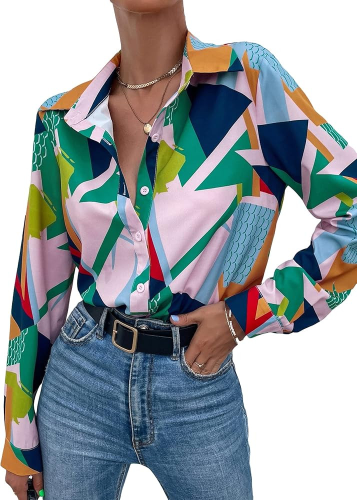 OYOANGLE Women's Geo Print Color Block Lapel Neck Long Sleeve Button Down Shirt Blouse Top | Amazon (US)