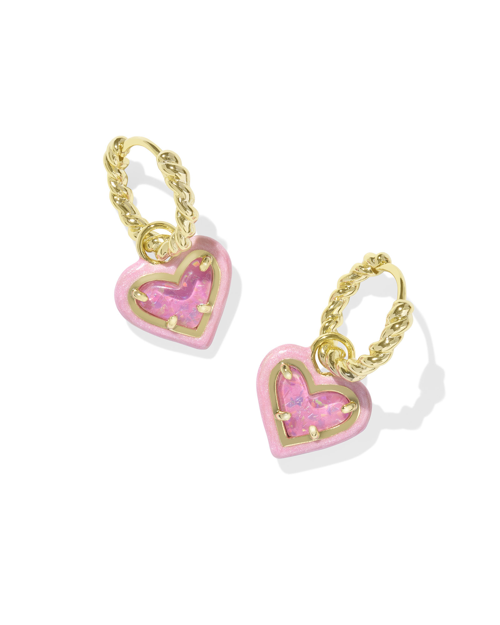 Ari Heart Gold Enamel Frame Huggie Earrings in Pink Iridescent Glitter Glass | Kendra Scott | Kendra Scott