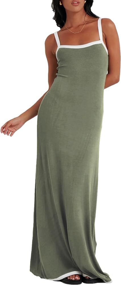 Summer Knit Maxi Dress Sleeveless Contrasting Edges Elasticated Straps Long A-Line Bodycon Slim D... | Amazon (US)