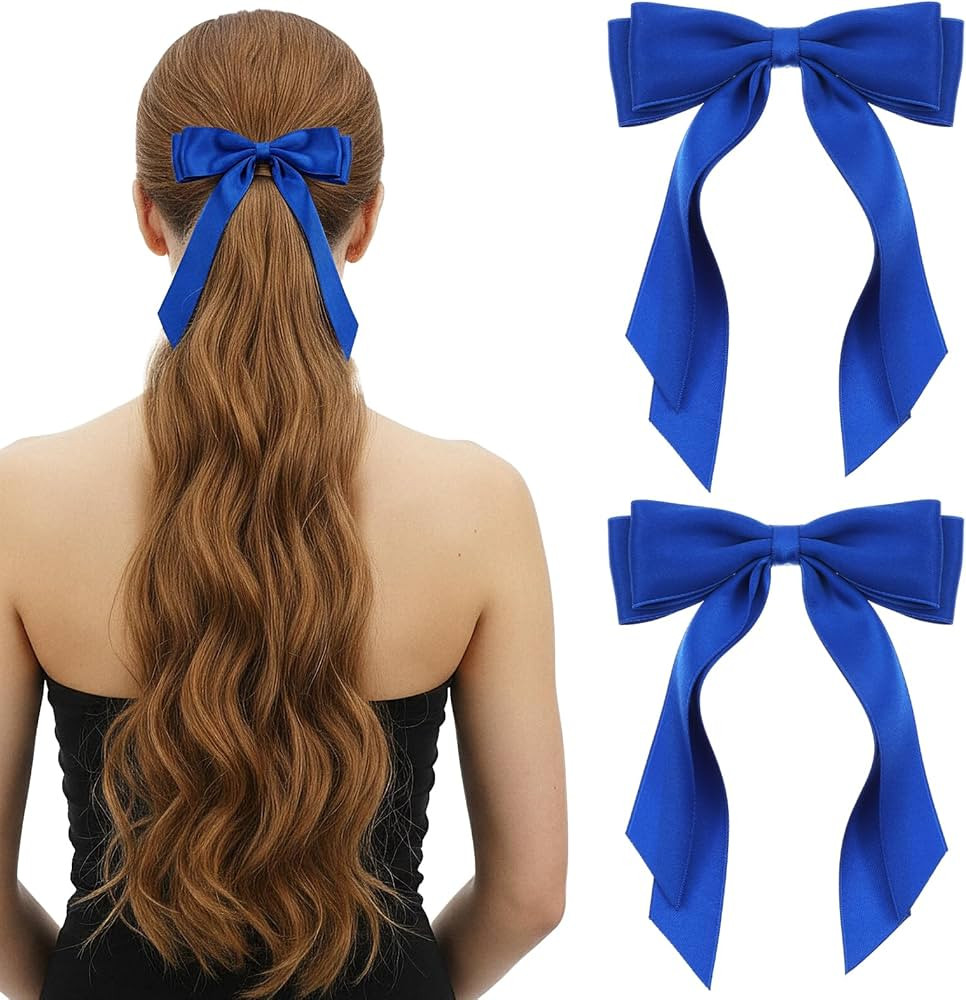 2PCS Blue Hair Bow Royal Blue Bows for Hair Ribbon Clip with Tails Barrettes Accessories for Wome... | Amazon (US)