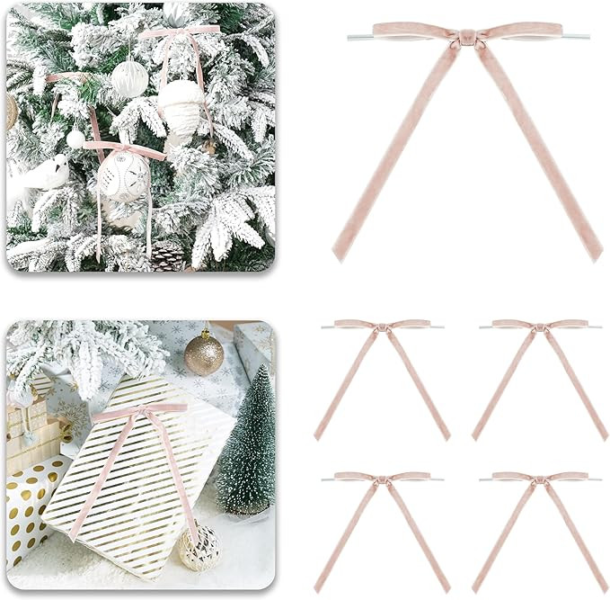 Dusty Rose Velvet Ribbon Christmas Bow 5 x 7 Inches Premade Dusty Pink Bows for Christmas Tree Ha... | Amazon (US)