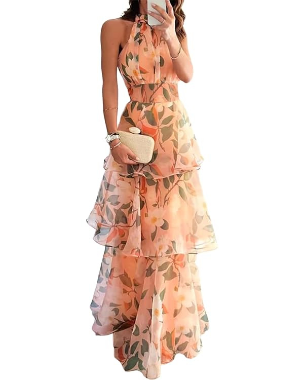 Women's 2025 Summer Orange Floral Print Dress A Line Sleeveless Halter Neck Maxi Dress Flowy Tier... | Amazon (US)