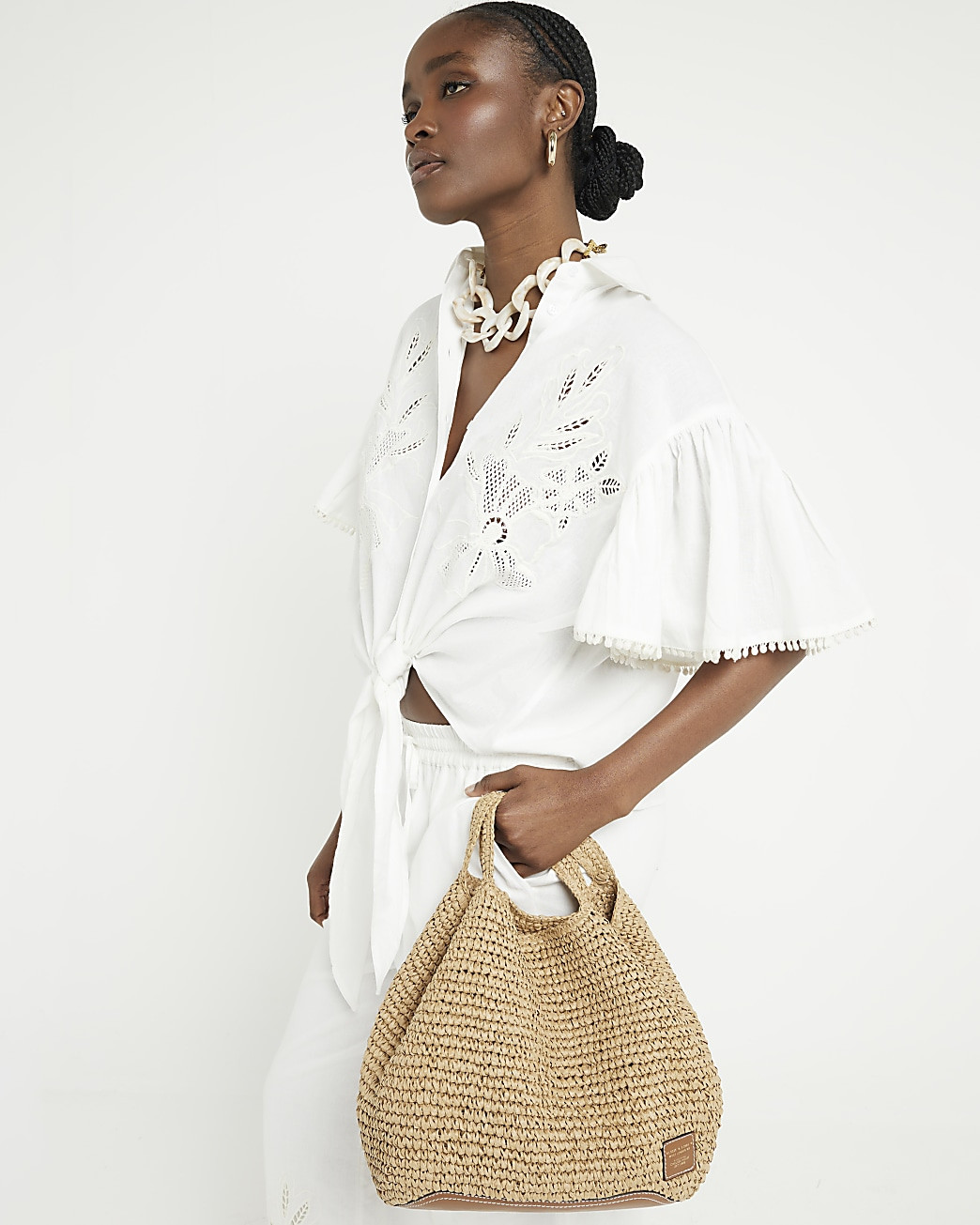 Beige raffia slouch shopper bag | River Island (UK & IE)