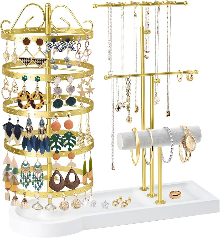 Jewelry Organizer Stand, Metal Rotating Earring Holder Organizer, Multi-Functional Adjustable Nec... | Amazon (US)