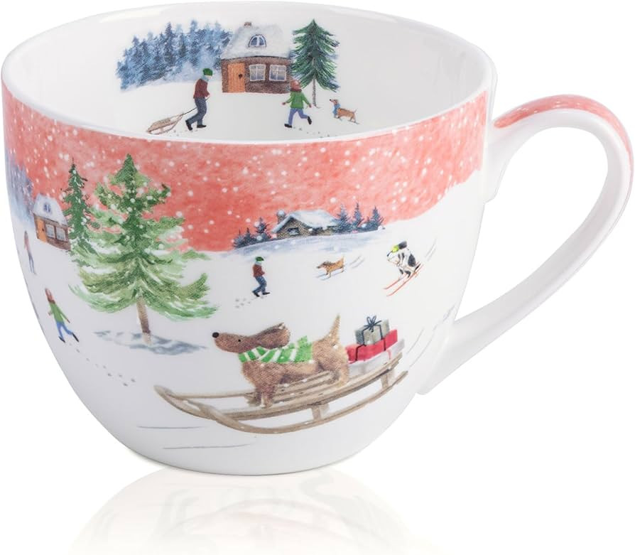 Christmas Sled Dog Mug - 20 oz Bone China Coffee Tea Hug Mug with Pink Winter Sky & Snow Trees, H... | Amazon (US)