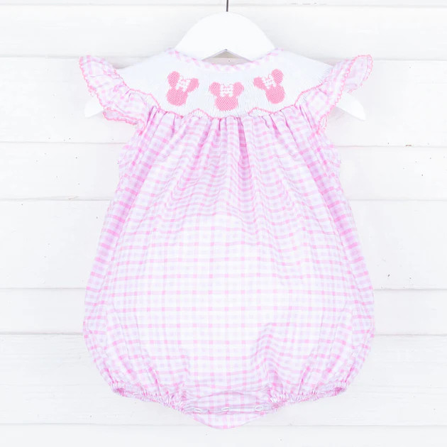 Mouse Ears Smocked Pink Plaid Bubble | Classic Whimsy
