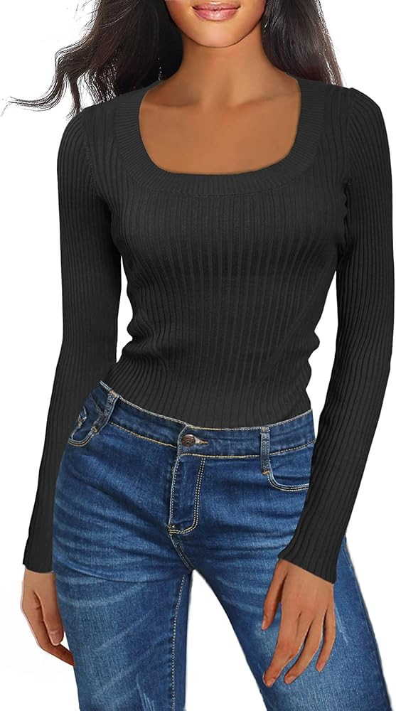 v28 Women Scoop Neck U-Neck Knit Long Sleeve Slim Fit Ribbed Sweater Tops | Amazon (US)