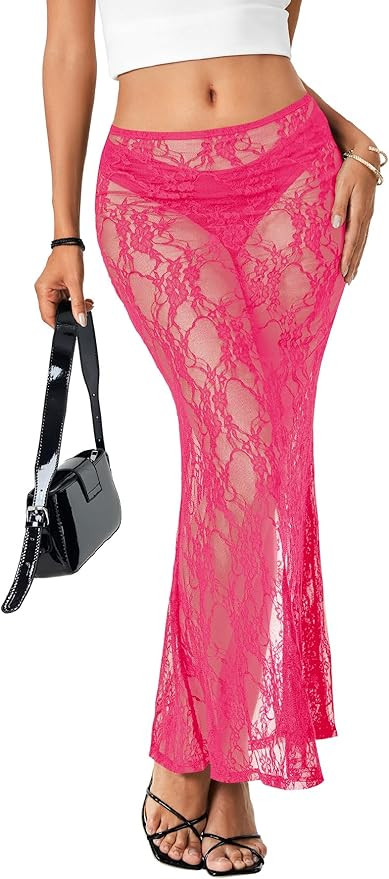 Rooscier Women's Lace Sheer Long Skirt High Waist A-line Summer Sexy Beach Maxi Skirts | Amazon (US)
