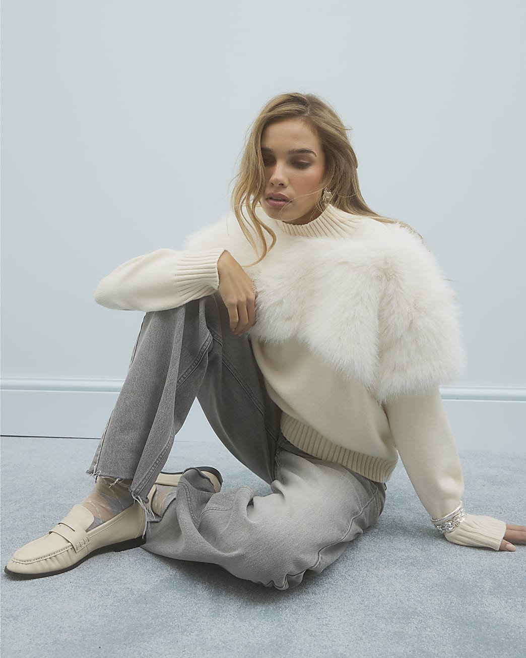 Cream Faux Fur Overlay Jumper | River Island UK & IE