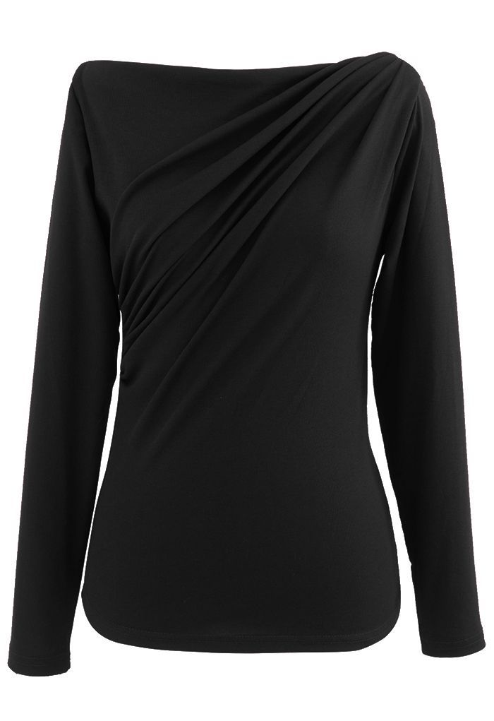 Ruched Front Long Sleeve Top in Black | Chicwish