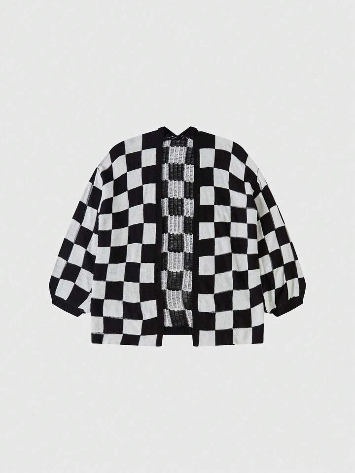 SHEIN ChicEase Checked Drop Shoulder Cardigan,Long Sleeve Tops | SHEIN