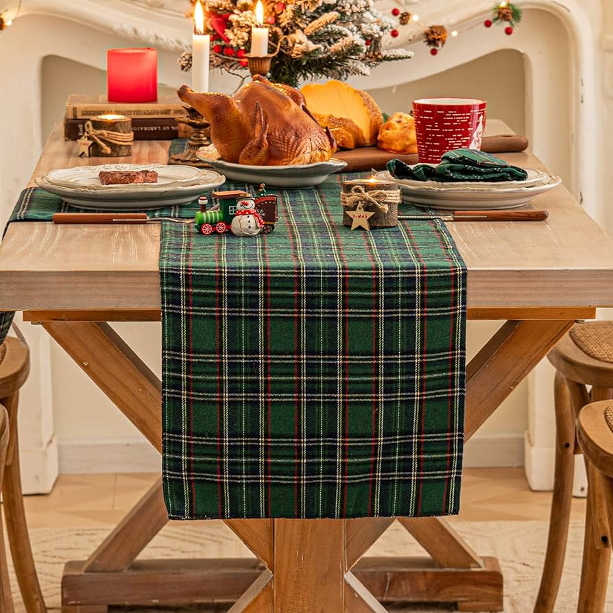 Green Blue Plaid Christmas Table Runner, Winter Holiday Table Runners 72 inches Long Xmas Decorat... | Amazon (US)