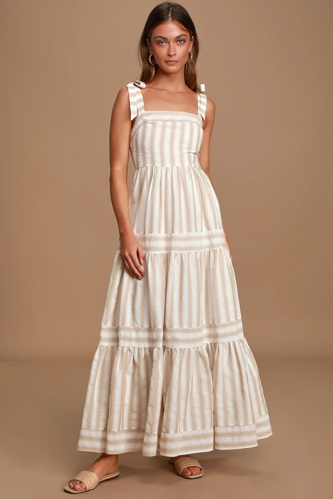 Golden Days Beige Striped Tie-Strap Maxi Dress | Lulus