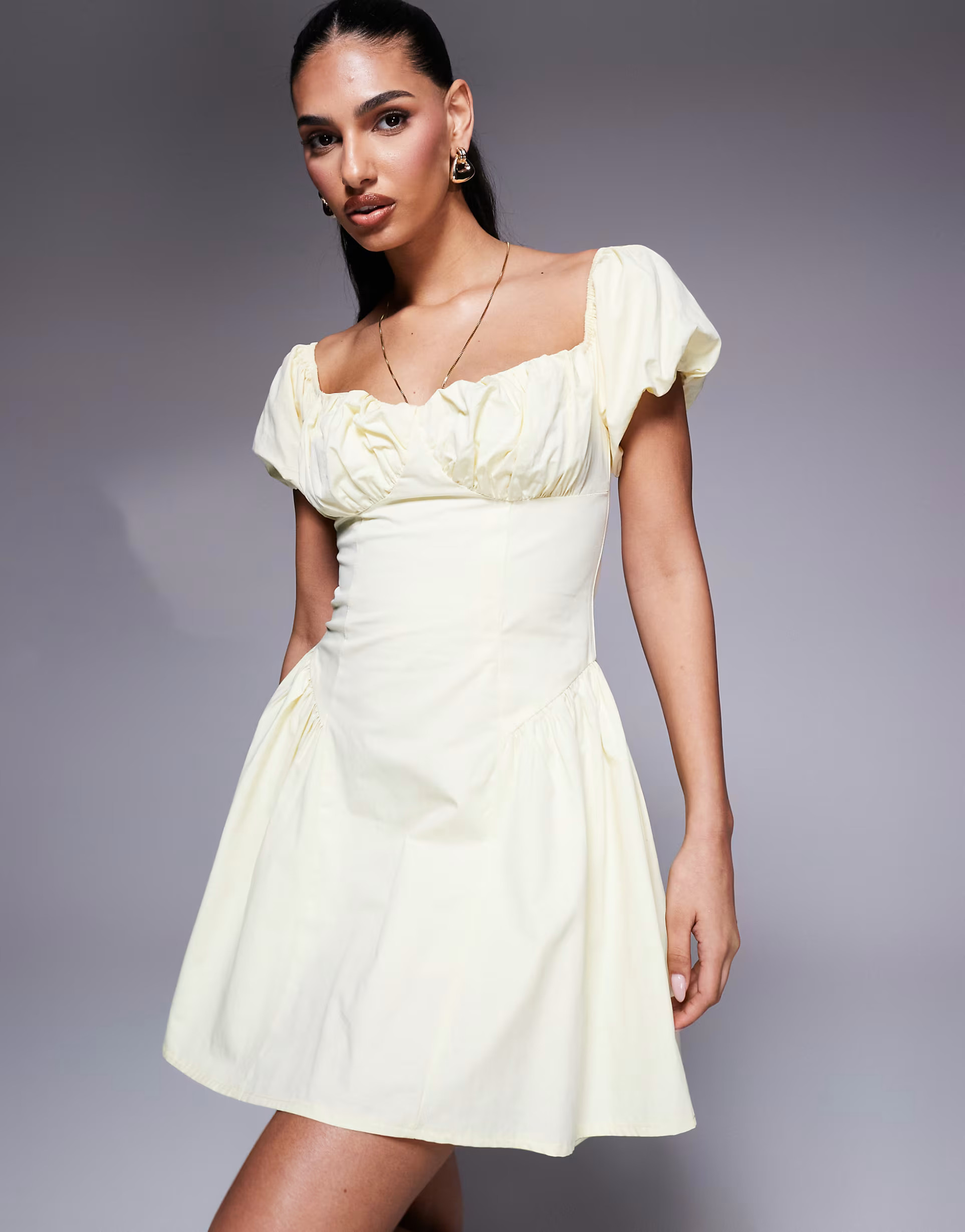 Kaiia exclusive poplin puff sleeve hip pleat detail mini dress in lemon | ASOS (Global)