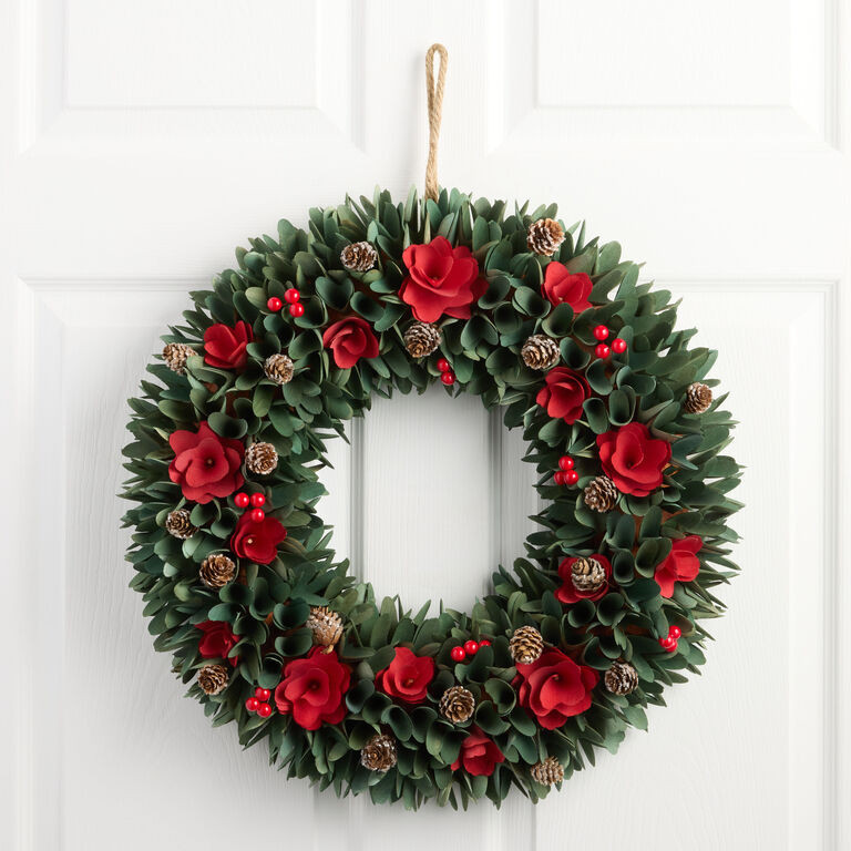 Red and Green Wood Curl Flowers with Pinecones Wreath | World Market