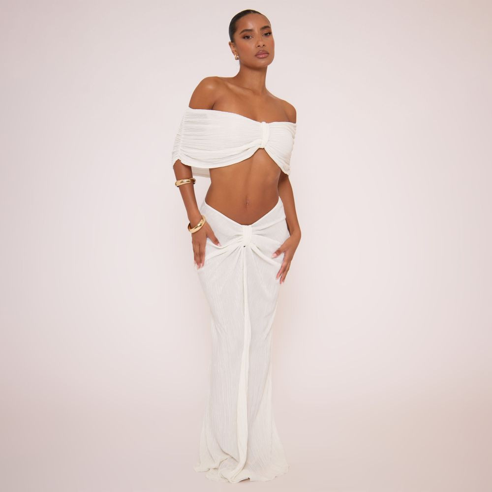 Mid Rise Knot Front Detail Maxi Skirt In White | EGO (UK)