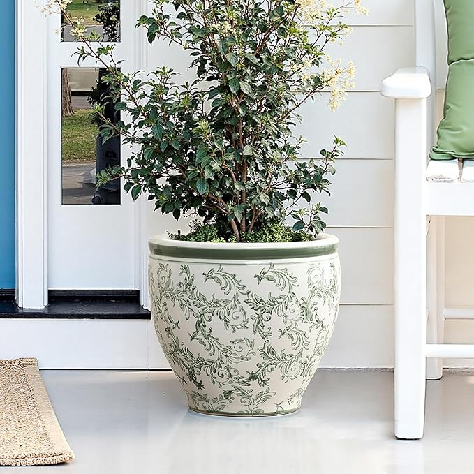 LuxenHome 11.4" Dia Round Ceramic Plant Pots with Floral Pattern, Green and White Large planters ... | Amazon (US)