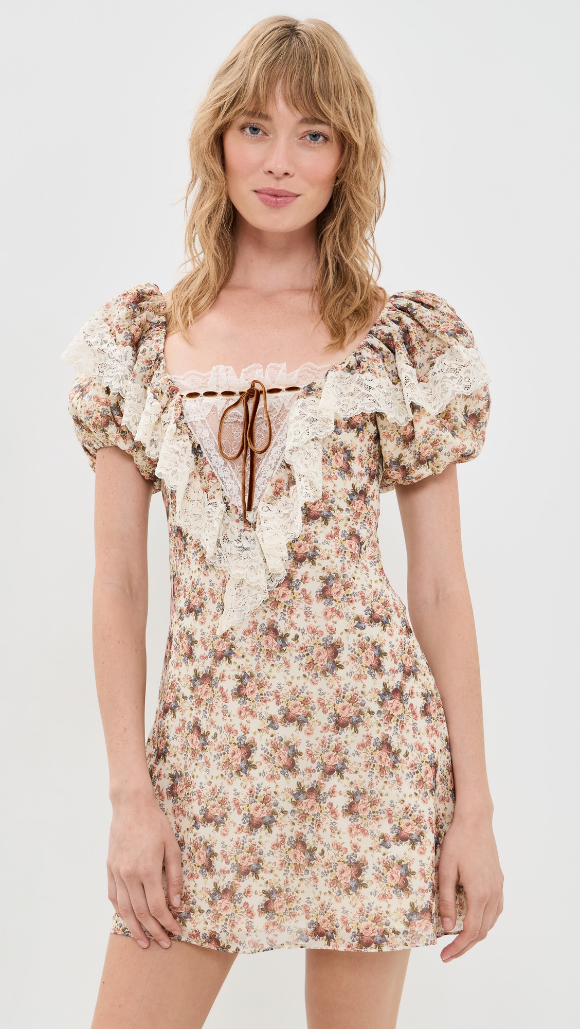 For Love & Lemons Betsy Floral Mini Dress Cream Brown M | Shopbop