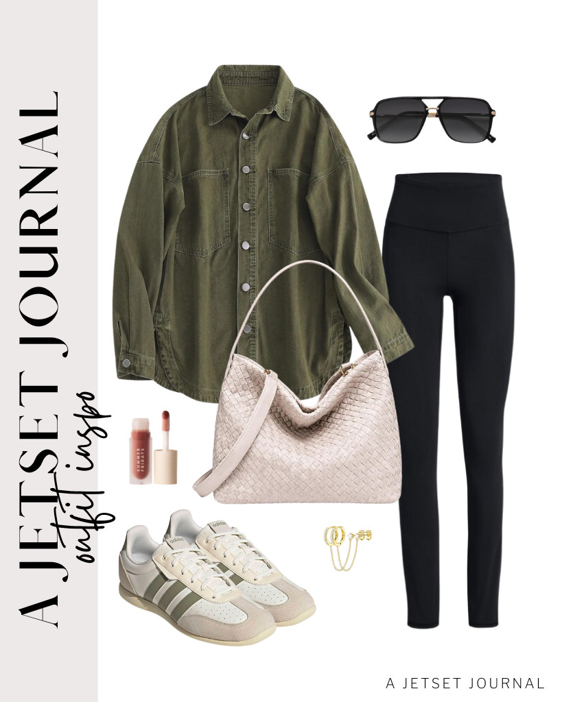 This green button-down denim shirt from LifeShe plus black SINOPHAN leggings is another comfy outfit idea. To style this fit, you can wear adidas Barreda low sneakers and use this trendy woven shoulder bag. Finish this look with SOJOS aviator sunnies and Summer Fridays Dream Lip Oil. 

 #LTKSeasonal #LTKSaleAlert #LTKTravel