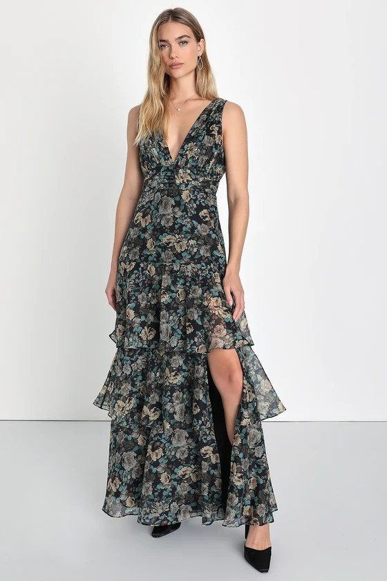 Sweeping Sensation Black Floral Print Dress Fall Floral Dress Fall Floral Maxi Dress Fall Looks | Lulus (US)