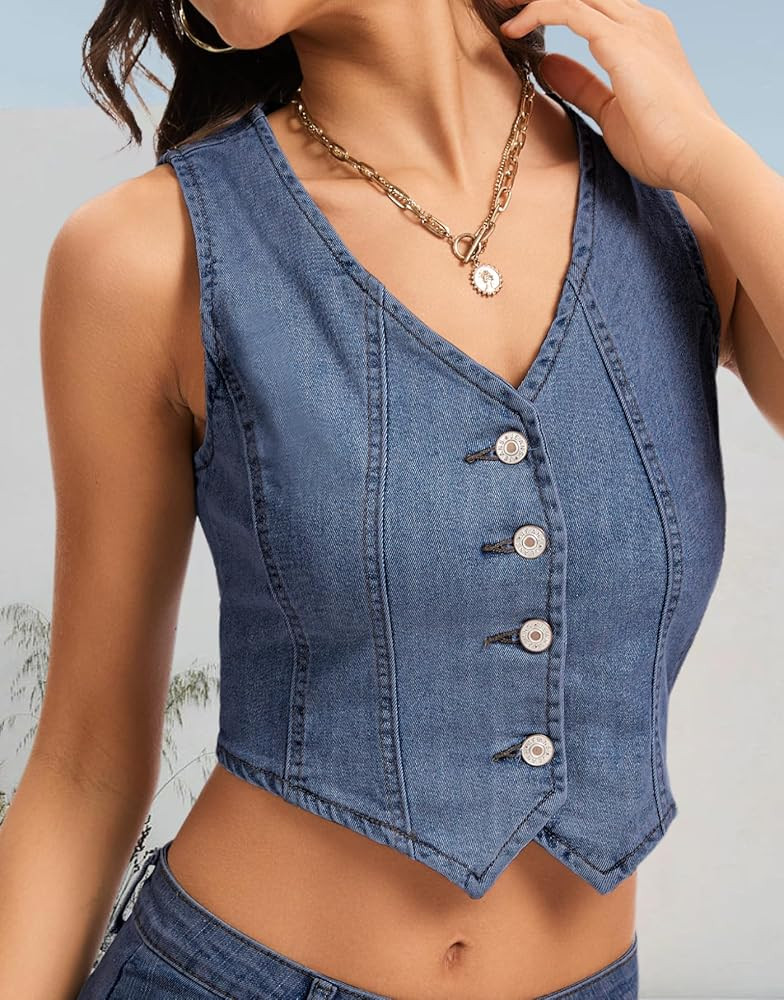 Denim Vest Cropped Waistcoat Vest Top, Sleeveless | Amazon (US)