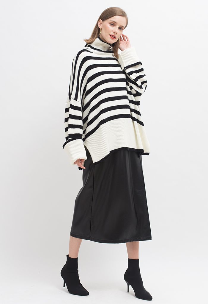 Striped Oversize Flare Sleeve Turtleneck Knit Sweater in White | Chicwish