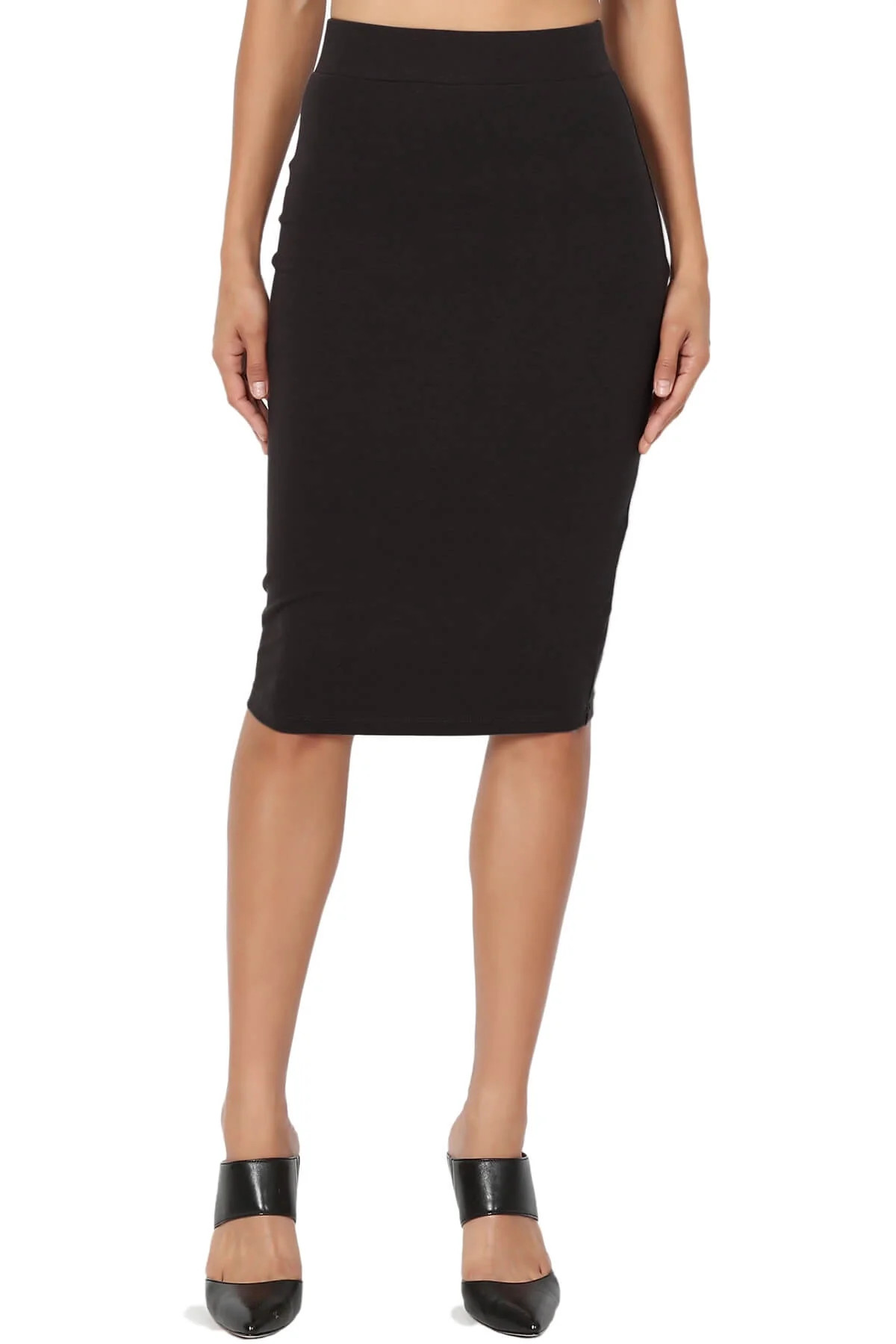 Women's PLUS Basic Comfort Stretch Cotton Elastic High Waist Knee Midi Pencil Skirt | Walmart (US)