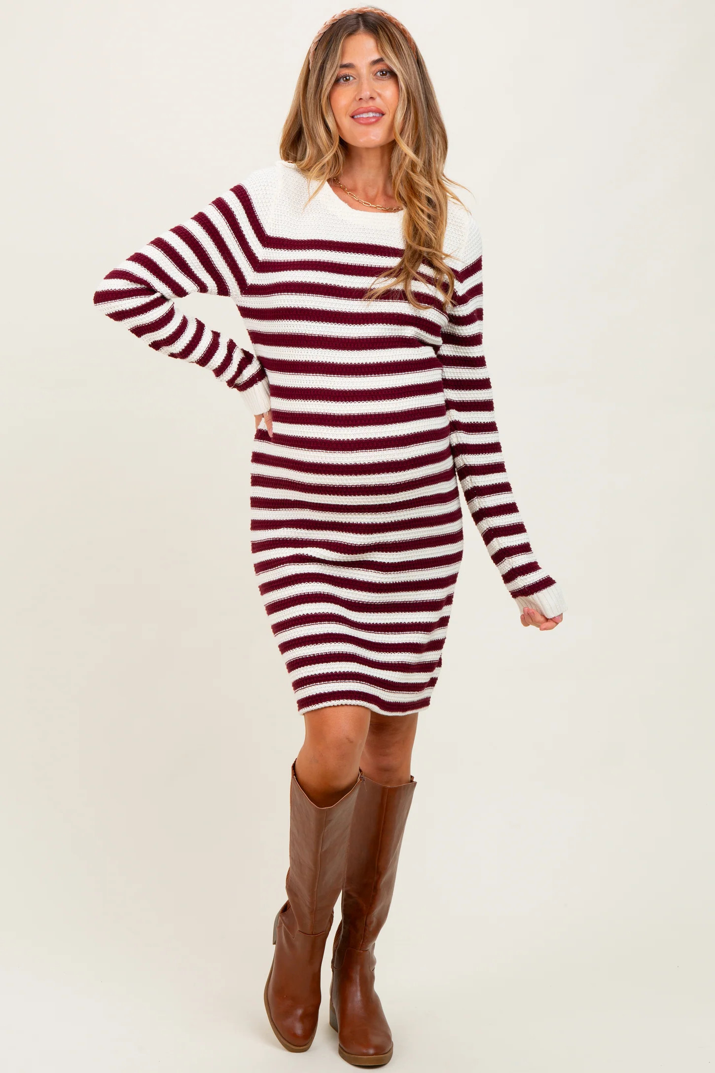 Burgundy Striped Button Accent Maternity Mini Sweater Dress | PinkBlush Maternity