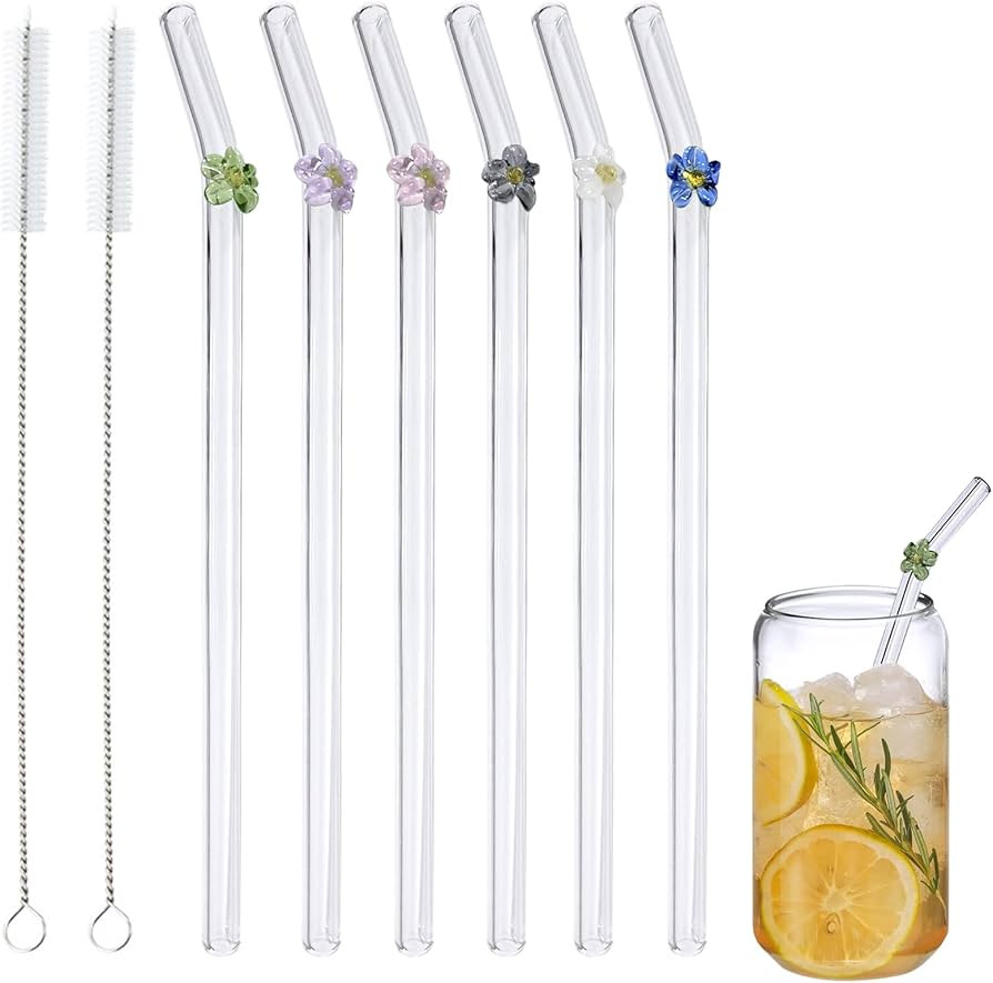 Reusable Bent Glass Shatter Resistant Curved Straws Design with Colorful Flowers Perfect for Smoo... | Amazon (UK)
