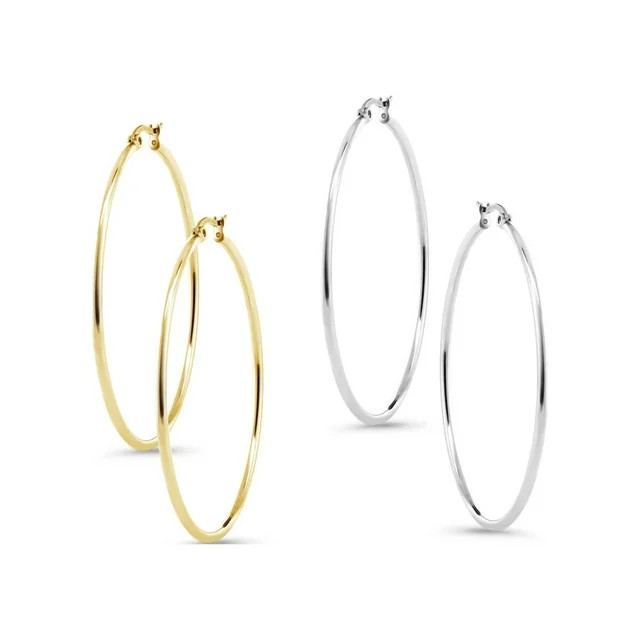 Stunning Stainless Steel Hoop Earrings Two-Pair Set in Silver and Gold, 50mm Diameter | Walmart (US)