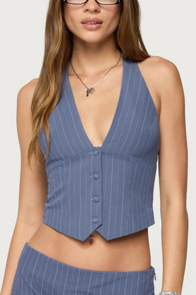 Edikted Frankey Pinstripe Button Up Halter Top | Urban Outfitters (US and RoW)