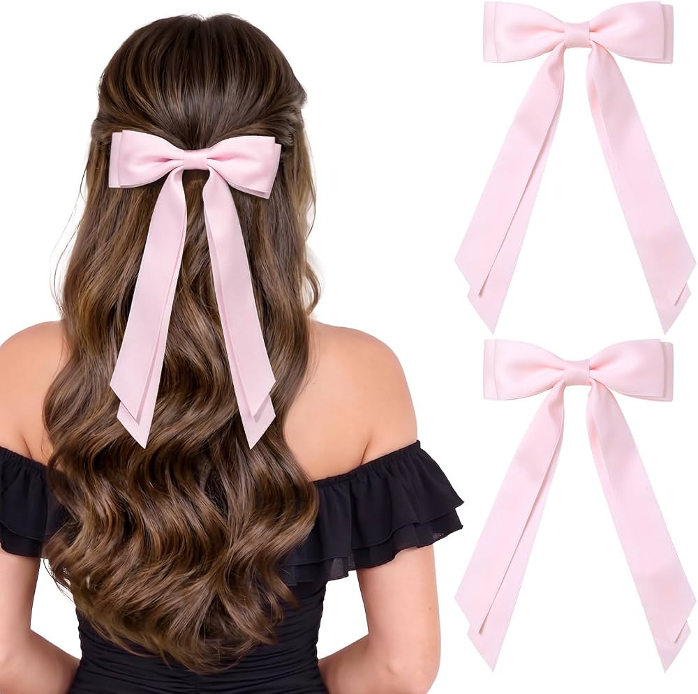 2PCS Pink Hair Bows, Large Ribbon Bow Hair Clips for Girls Women Cute Ponytail Holder Accessories... | Amazon (US)