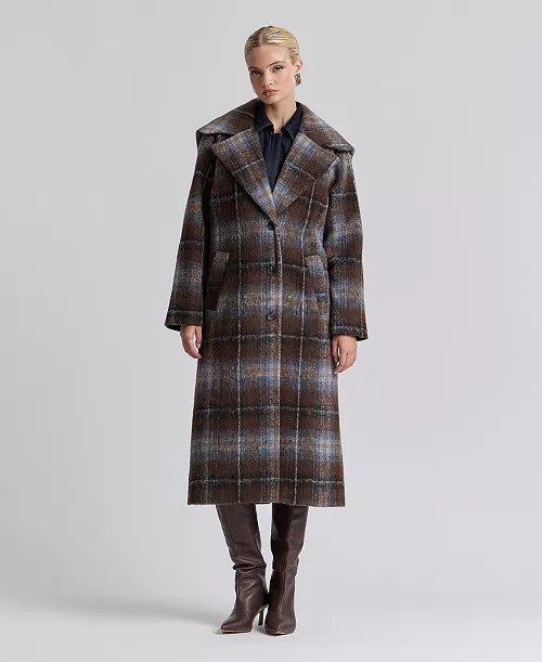 Avec Les Filles Women's Plaid Notch-Collar Maxi Coat - Brown Blue Plaid | Macy's