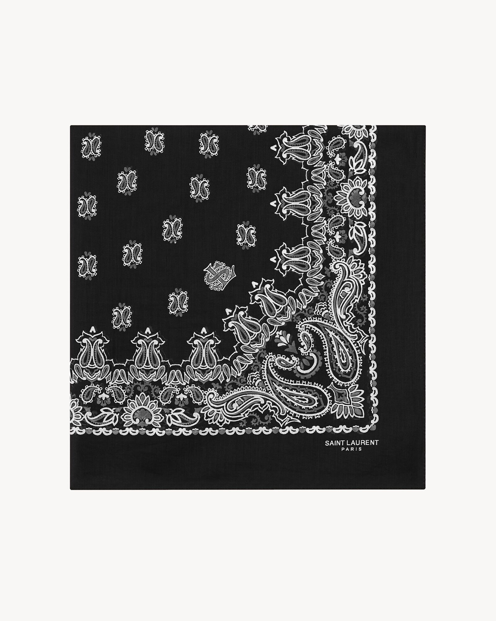 bandana square scarf in black and white paisley printed cotton | Saint Laurent Inc. (Global)