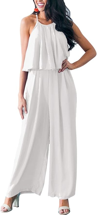 PRETTYGRADEN Women's Casual Summer Sleeveless Jumpsuit Halter Neck Wide Leg Pants Rompers One Pie... | Amazon (US)