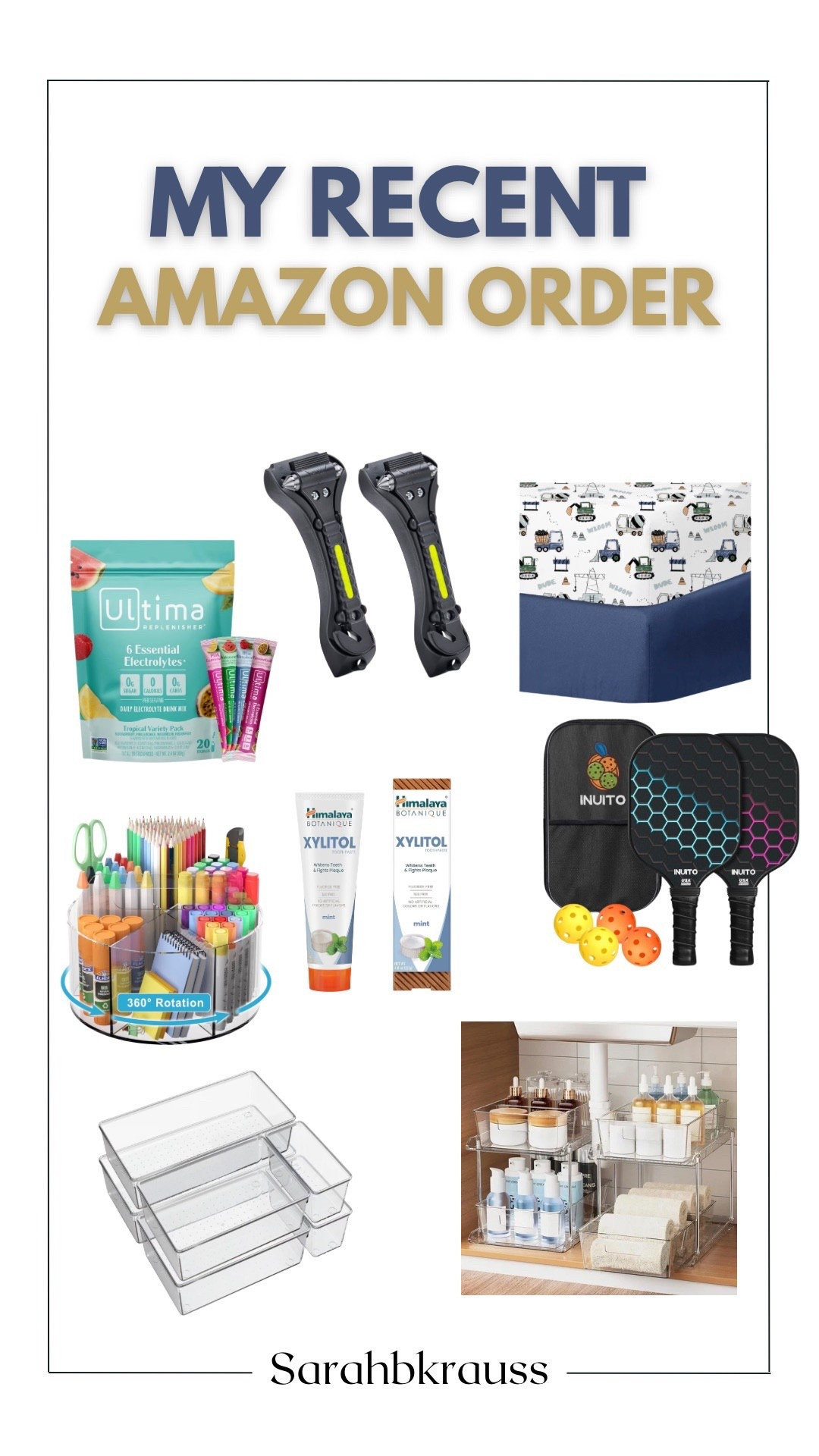 My recent Amazon order


Electrolytes, crib sheets, pickleball , arts and craft organizer , bathroom organization , viral toothpaste 
