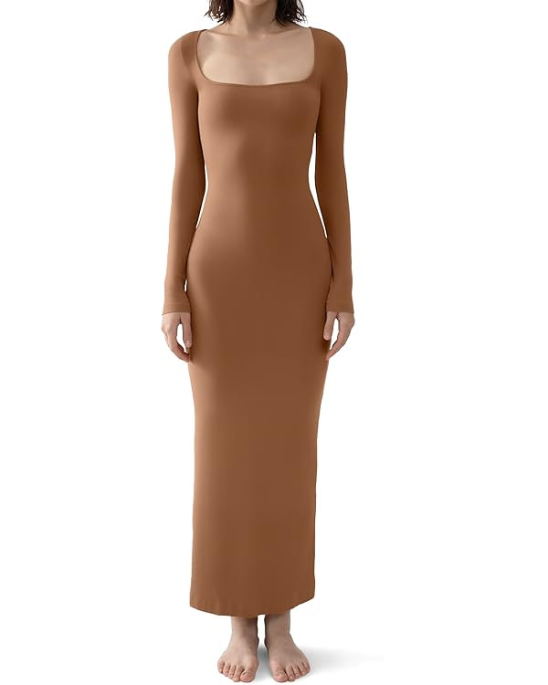 PUMIEY Women's Square Neck Long Sleeve Maxi Dress Ribbed Bodycon Dresses for Women Soft Lounge Dr... | Amazon (US)