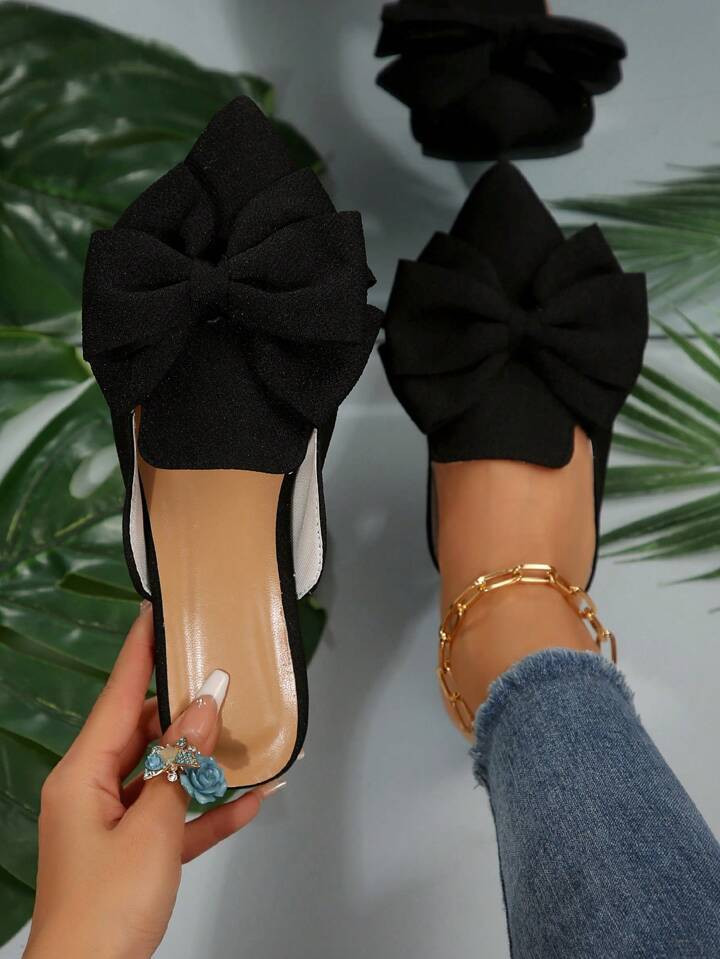 Women's Pointy Toe Bowknot Half Backless Mules, Elegant Casual Flat Slip-On Shoes, Black, Spring/Autumn | SHEIN