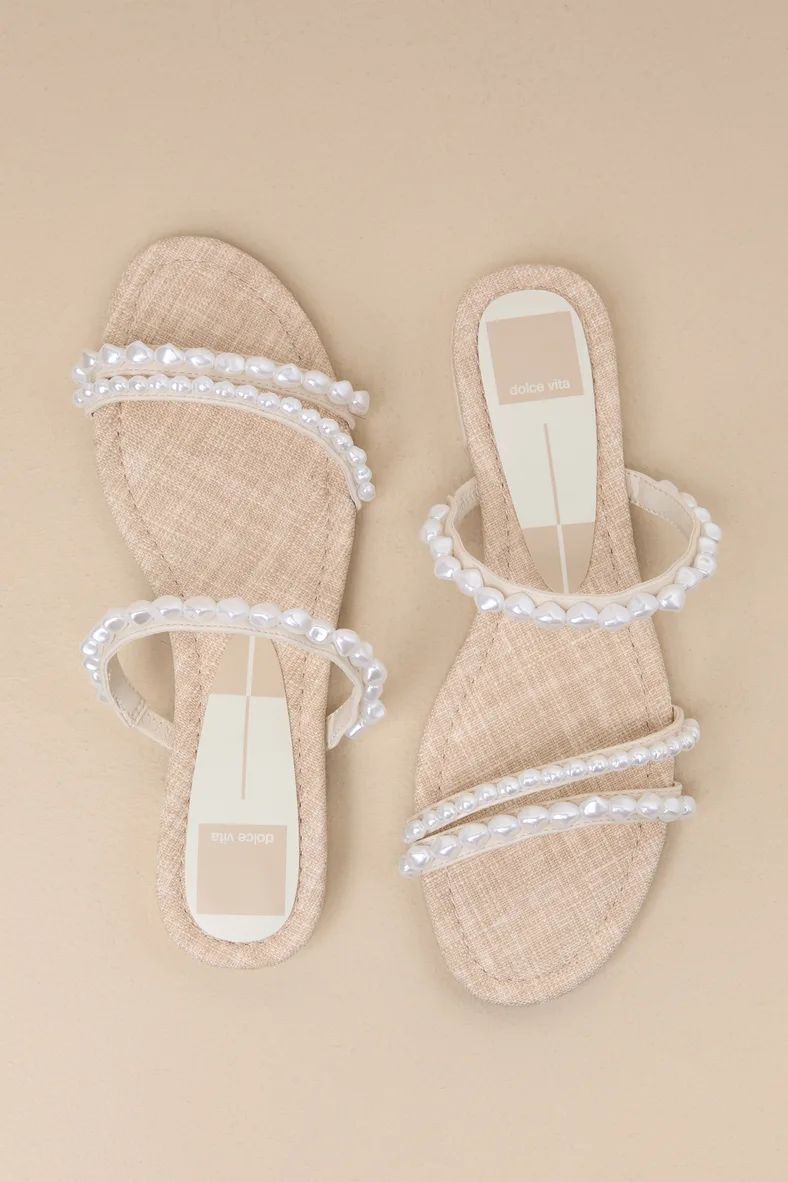 Tinker Low Heel Pearl Vanilla Strappy Slide Sandals | Lulus