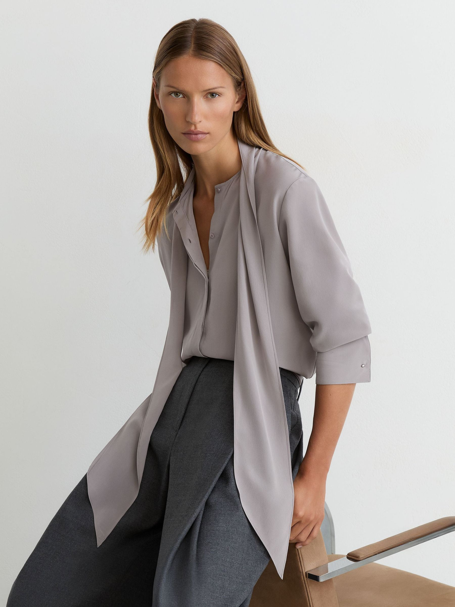Matte-Silk Tie-Neck Blouse | Reiss US