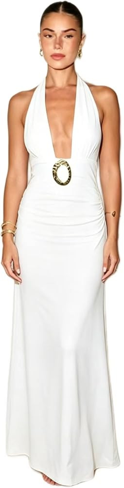 Halter Deep V Neck Backless Sexy Women Elegant Off Shoulder Sleeveless Dress | Amazon (US)