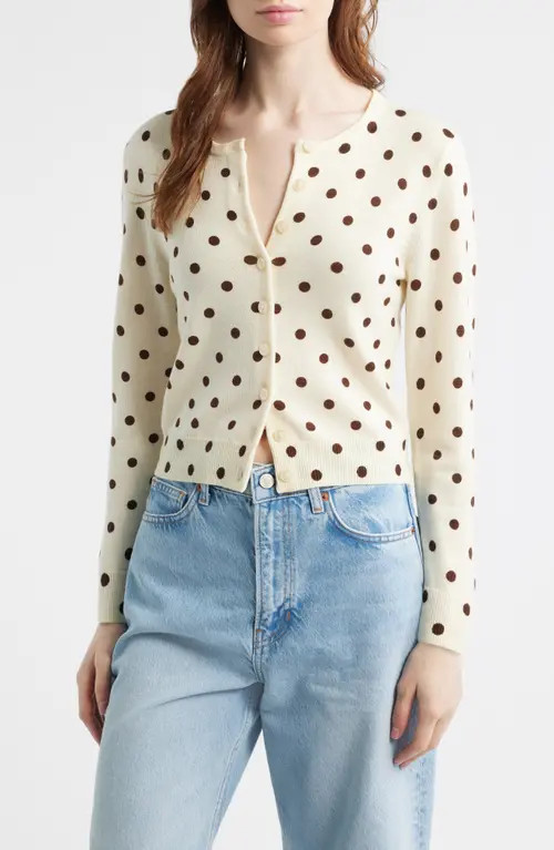 Reformation Bernadette Polka Dot Wool Cardigan in Brownie Dot at Nordstrom, Size Medium | Nordstrom