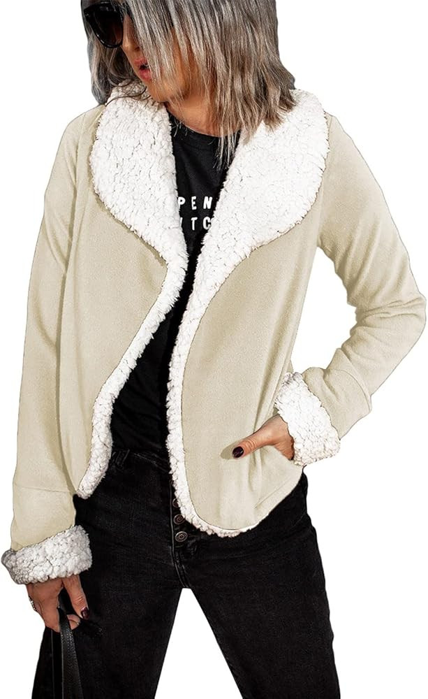 Women's Faux Suede Jacket Coat Cropped Sherpa Fleece Lined Cardigan Jacket Open Front Warm Winter Sh | Amazon (US)