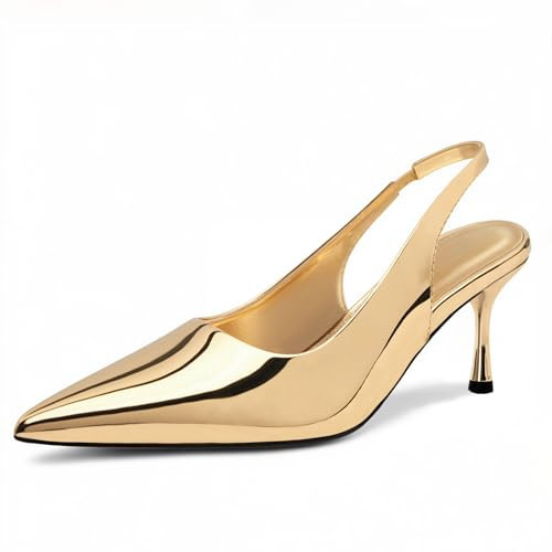 Gold Kitten Heels for Women Dressy, Gold Slingback Closed Toe Pumps for Bride Dresses Wedding(Size 10.5) | Amazon (US)