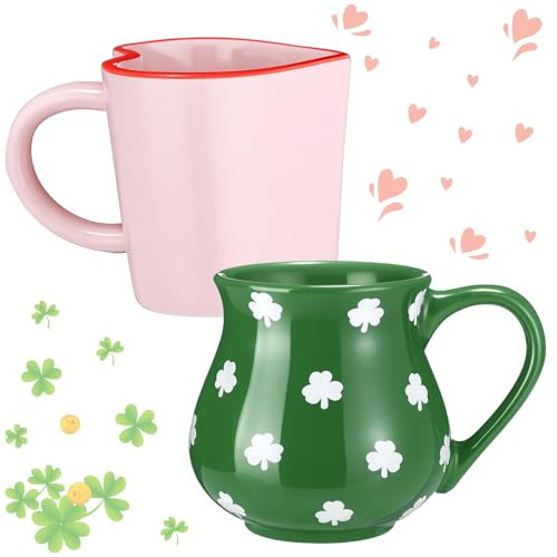 LemonRoad 2 Pcs Valentine's Day Heart Shaped Ceramic Mugs 12 oz Romantic Pink Heart Coffee Mugs St. Patrick's Day Shamrock Ceramic Tea Cup for Anniversary Tea Milk Lover Gifts | Amazon (US)